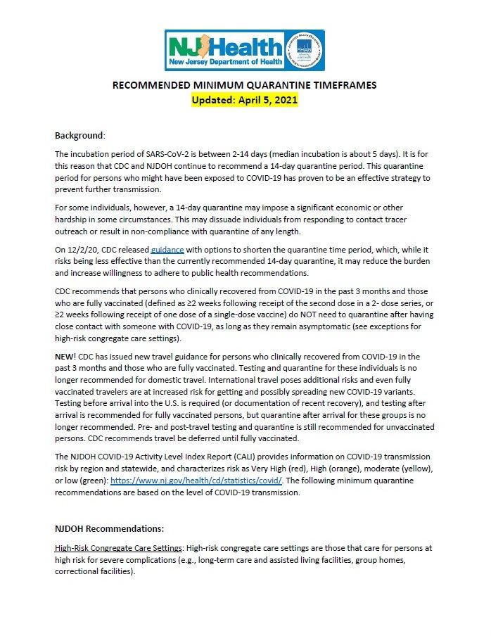 DOH Quarantine Timeframes 040521