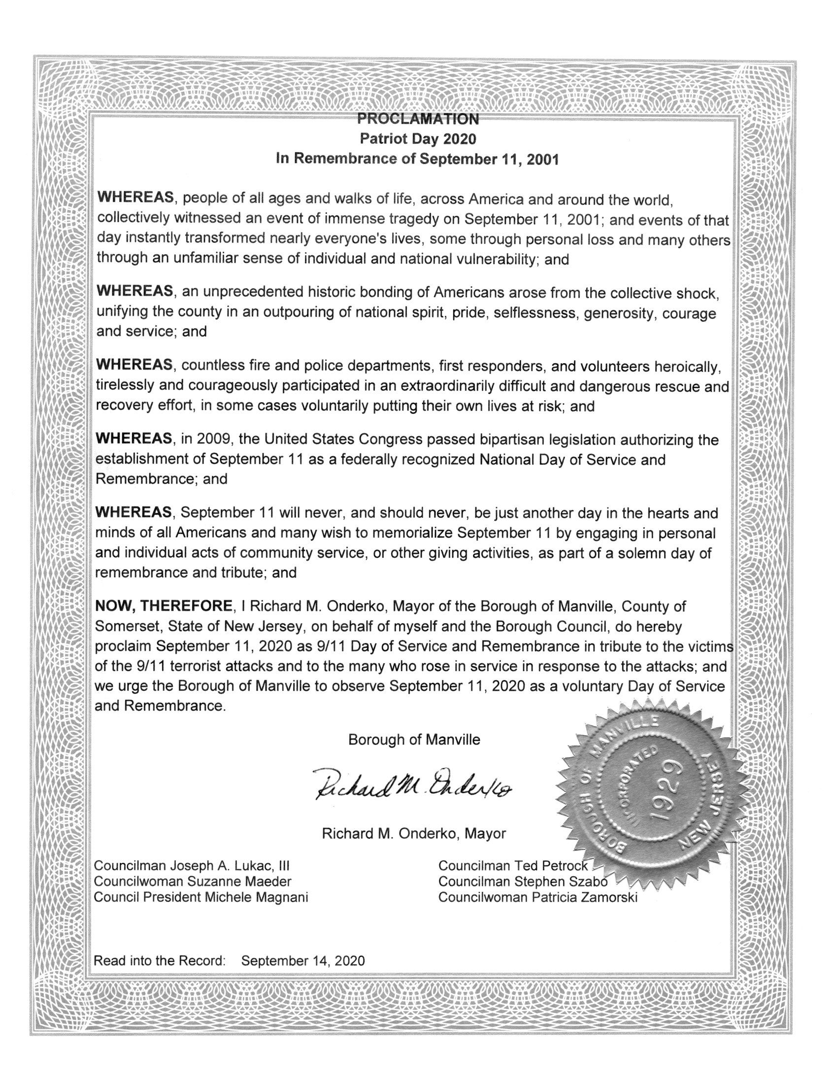 Patriot Day 2020 Proclamation