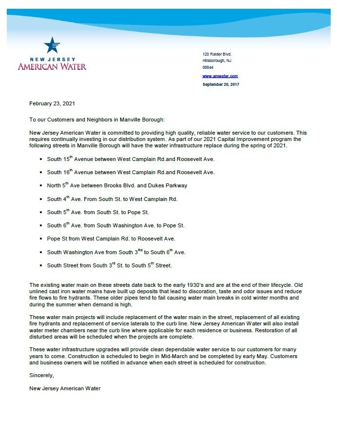 Manville 2021 Water Main Projects