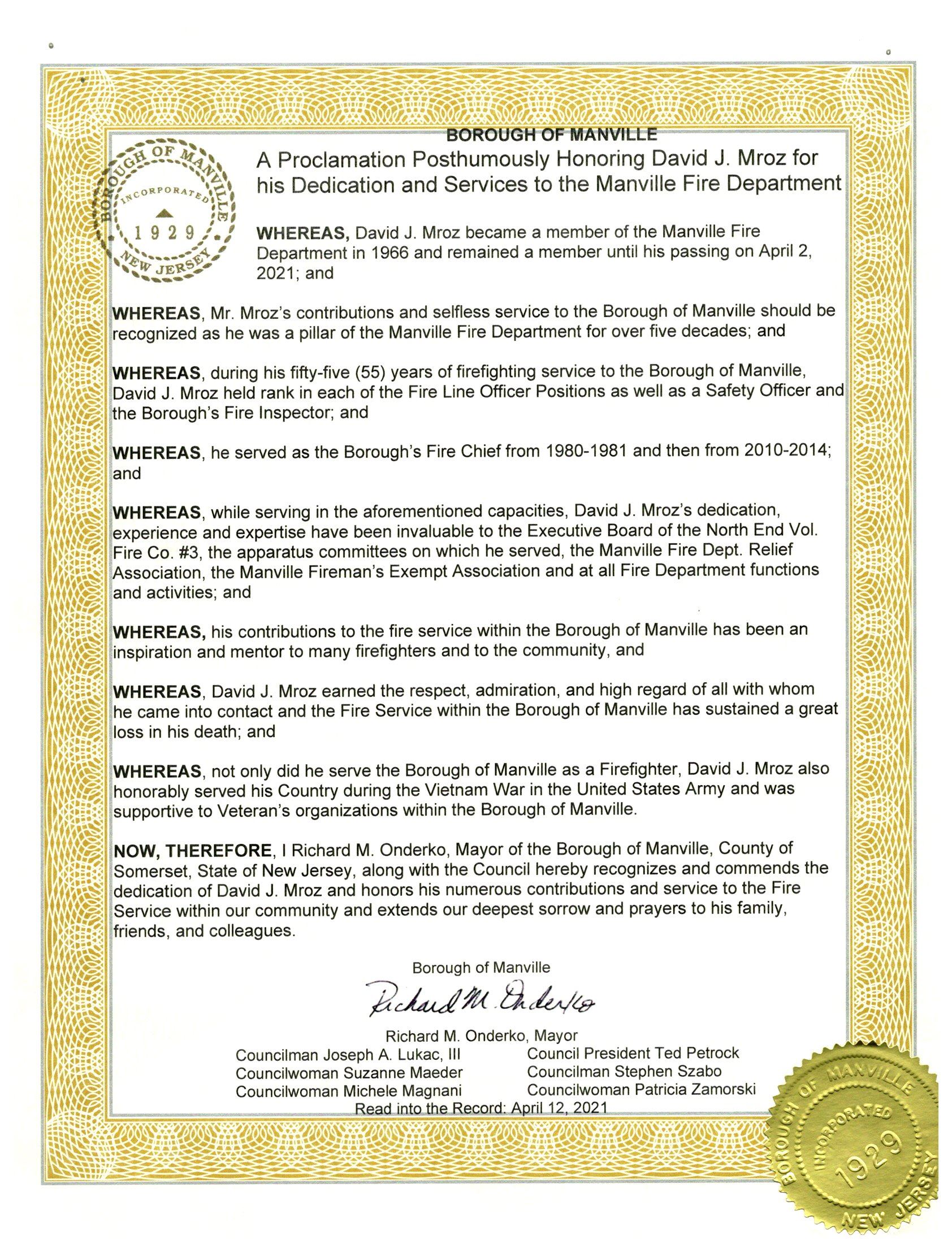 Honoring Dave J. Mroz